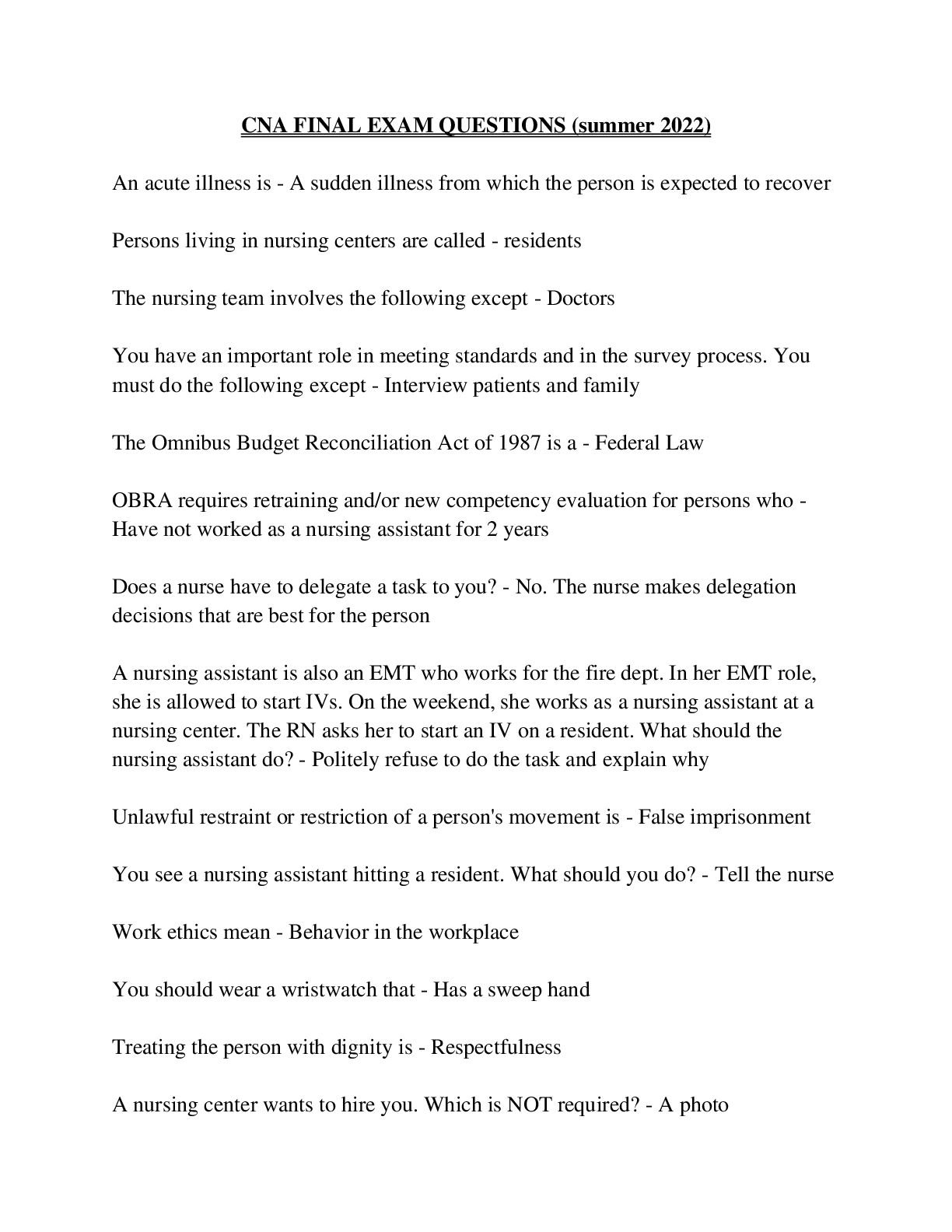 CNA Written Exam NC Questions And Answers 2022/2023 With Complete Top